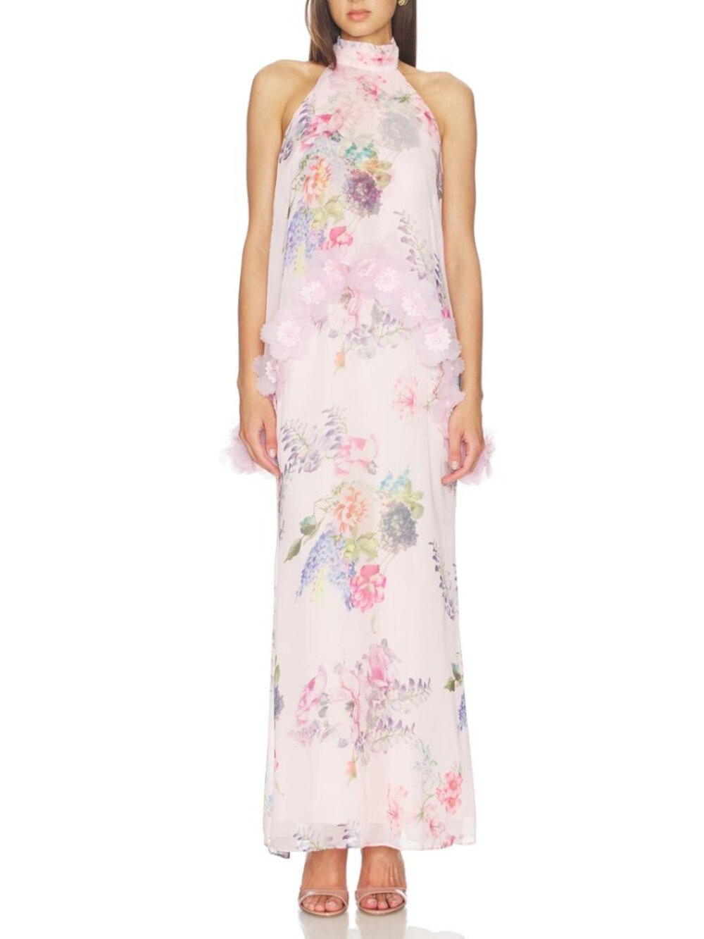 ELLIATT Millie Floral Appliqué Tiered Halter Gown Pink Multi Dreamy Coquette XS